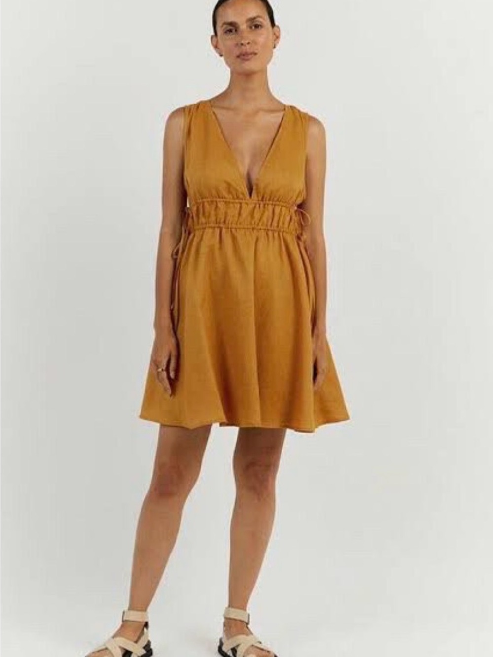 Dissh Women's V-Neck Drawstring Waist linen dress in Mustard